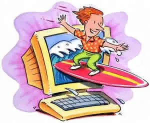 An art with a boy surfing outside the computer